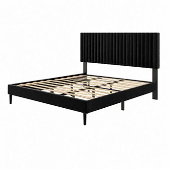 Pnronnc Velvet Platform Bed Frame with Height-Adjustable Tufted Headboard, Metal Frame Support