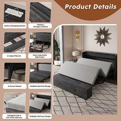 Pnronnc 57" Folding Murphy Bed with 2.8 Inch Mattress, Charging Station, 2 Storage Drawers