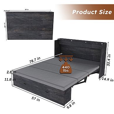 Pnronnc 57" Folding Murphy Bed with 2.8 Inch Mattress, Charging Station, 2 Storage Drawers
