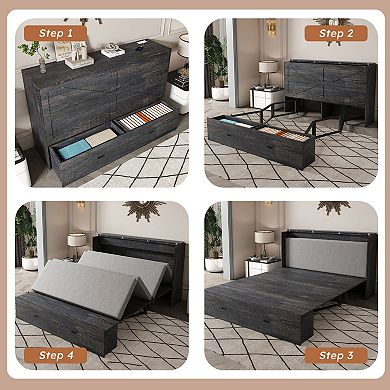 Pnronnc 57" Folding Murphy Bed with 2.8 Inch Mattress, Charging Station, 2 Storage Drawers