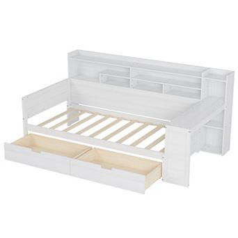 Pnronnc Kids Daybed Wooden Bed Frame with Built-in Storage Shelves, 2 Drawers, Side Study Desk