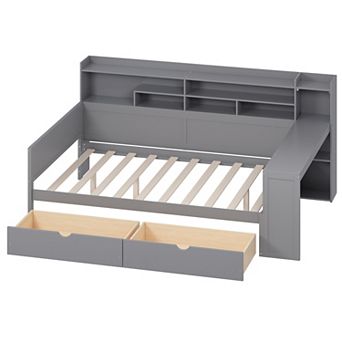 Pnronnc Kids Daybed Wooden Bed Frame with Built-in Storage Shelves, 2 Drawers, Side Study Desk