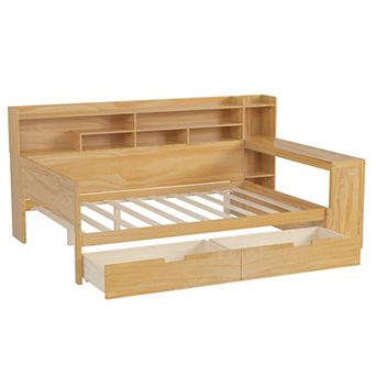 Pnronnc Kids Daybed Wooden Bed Frame with Built-in Storage Shelves, 2 Drawers, Side Study Desk