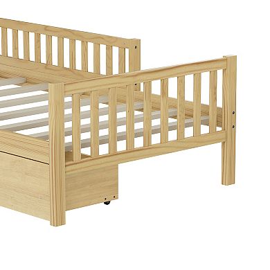 Pnronnc Platform Bed Frame with Side Guardrails Underbed 2 Drawers Wooden Bed Frame for Kids Teens