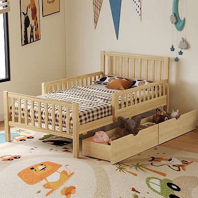 Pnronnc Platform Bed Frame with Side Guardrails Underbed 2 Drawers Wooden Bed Frame for Kids Teens