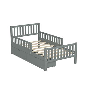 Pnronnc Platform Bed Frame with Side Guardrails Underbed 2 Drawers Wooden Bed Frame for Kids Teens
