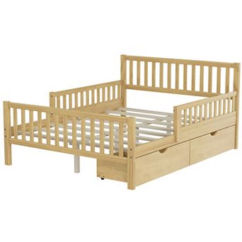 Pnronnc Platform Bed Frame with Side Guardrails Underbed 2 Drawers Wooden Bed Frame for Kids Teens