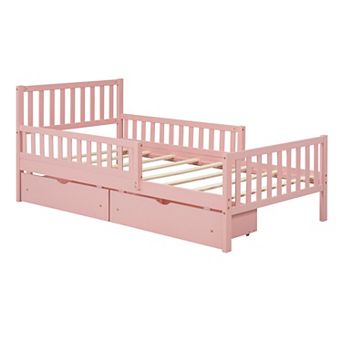 Pnronnc Platform Bed Frame with Side Guardrails Underbed 2 Drawers Wooden Bed Frame for Kids Teens