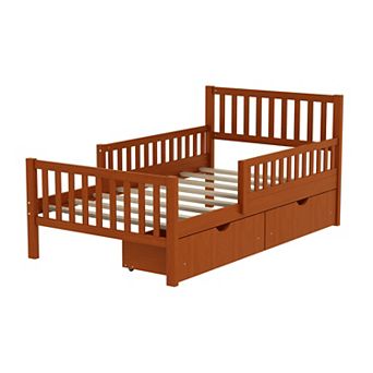 Pnronnc Platform Bed Frame with Side Guardrails Underbed 2 Drawers Wooden Bed Frame for Kids Teens
