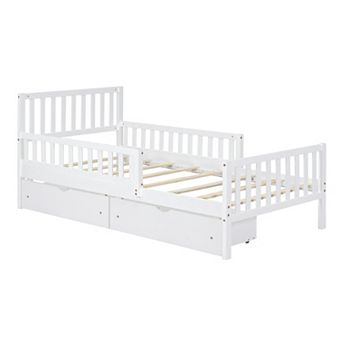 Pnronnc Platform Bed Frame with Side Guardrails Underbed 2 Drawers Wooden Bed Frame for Kids Teens