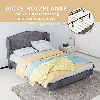 Pnronnc Upholstered Bed Frame with Wingback Headboard, Velvet Fabric Platform Bed Frame
