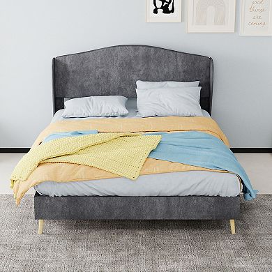 Pnronnc Upholstered Bed Frame with Wingback Headboard, Velvet Fabric Platform Bed Frame