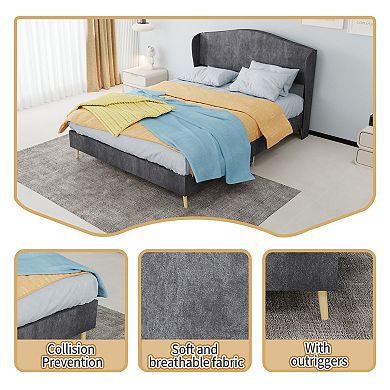 Pnronnc Upholstered Bed Frame with Wingback Headboard, Velvet Fabric Platform Bed Frame
