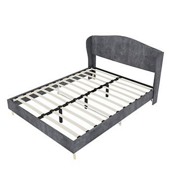 Pnronnc Upholstered Bed Frame with Wingback Headboard, Velvet Fabric Platform Bed Frame