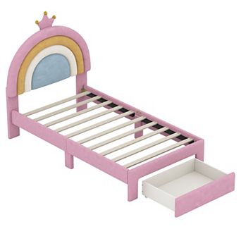 Pnronnc Upholstered Rainbow Design Bed, Velvet Princess Platform Bed with Storage Drawer
