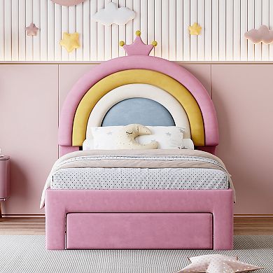 Pnronnc Upholstered Rainbow Design Bed, Velvet Princess Platform Bed with Storage Drawer