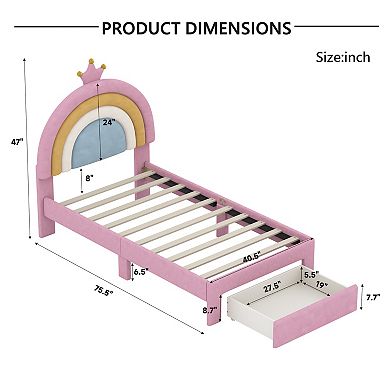 Pnronnc Upholstered Rainbow Design Bed, Velvet Princess Platform Bed with Storage Drawer