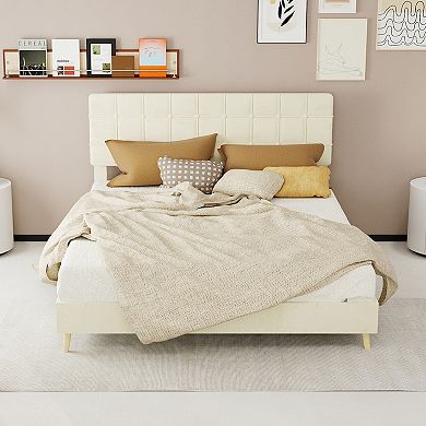 Pnronnc Upholstered Platform Bed Frame with Tufted Headboard, Solid Wood Legs, Velvet Fabric
