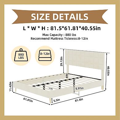 Pnronnc Upholstered Platform Bed Frame with Tufted Headboard, Solid Wood Legs, Velvet Fabric