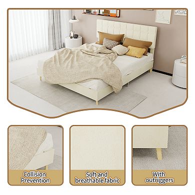 Pnronnc Upholstered Platform Bed Frame with Tufted Headboard, Solid Wood Legs, Velvet Fabric