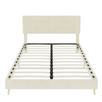 Pnronnc Upholstered Platform Bed Frame with Tufted Headboard, Solid Wood Legs, Velvet Fabric