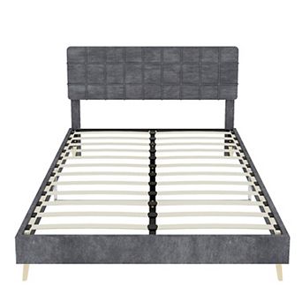 Pnronnc Upholstered Platform Bed Frame with Tufted Headboard, Solid Wood Legs, Velvet Fabric