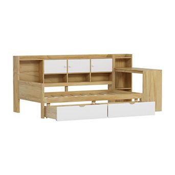 Pnronnc Wooden L-Shape Daybed with Built-in Desk Bookshelf Storage Cabinets 2 Drawers for Kids