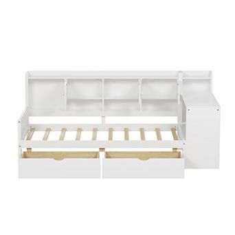 Pnronnc Wooden L-Shape Daybed with Built-in Desk Bookshelf Storage Cabinets 2 Drawers for Kids