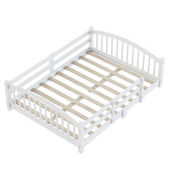 Pnronnc Kids Montessori Floor Bed with Slatted Support Safety Rails Wooden Floor Bed for Boys Girls
