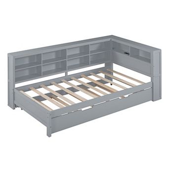 Pnronnc L-Shaped Wooden Kids Daybed Frame with Pull-Out Twin Trundle, Charging Ports, Storage Shelf