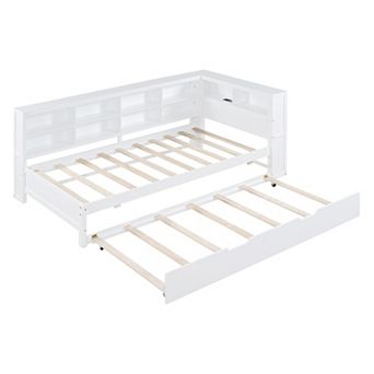 Pnronnc L-Shaped Wooden Kids Daybed Frame with Pull-Out Twin Trundle, Charging Ports, Storage Shelf