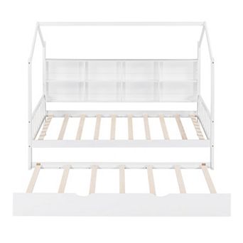 Pnronnc Wooden Twin House Bed with Trundle and Storage Shelf Kids Playhouse Bed Frame with Roof