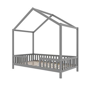 Pnronnc Wooden House-Shaped Montessori Floor Bed with Canopy, Safety Railings for Kids