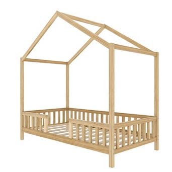 Pnronnc Wooden House-Shaped Montessori Floor Bed with Canopy, Safety Railings for Kids