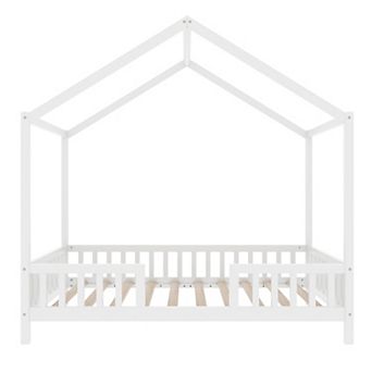 Pnronnc Wooden House-Shaped Montessori Floor Bed with Canopy, Safety Railings for Kids