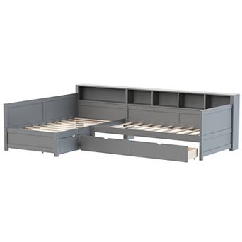 Pnronnc Twin Size L-Shaped Daybed for 2 with 3 Drawers & Bookshelf, Wooden Corner Bed Frame for Kids