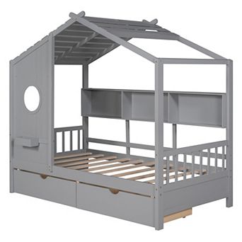 Pnronnc Wooden House Bed for Kids with 2 Drawers and Shelf, Playhouse Bed Frame with Roof Design