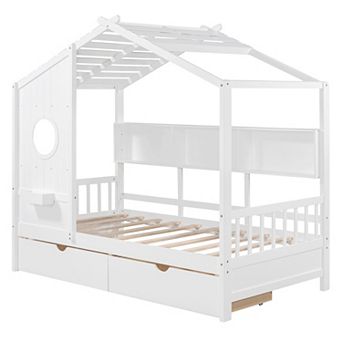 Pnronnc Wooden House Bed for Kids with 2 Drawers and Shelf, Playhouse Bed Frame with Roof Design