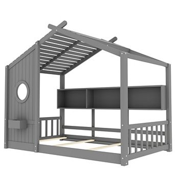 Pnronnc Wood Floor House Bed for Kids with Storage Shelf Roof Design Montessori Playhouse Bed Frame