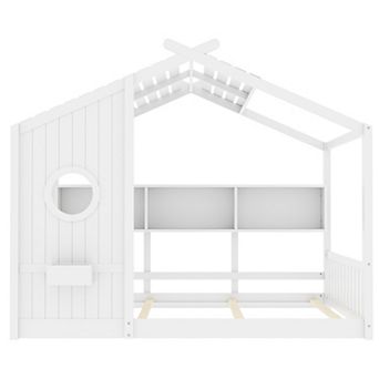 Pnronnc Wood Floor House Bed for Kids with Storage Shelf Roof Design Montessori Playhouse Bed Frame