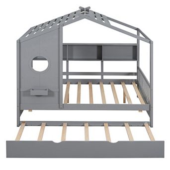 Pnronnc Kids House Bed with Pull-Out Trundle and Storage Shelves, Wooden Playhouse Bed with Roof
