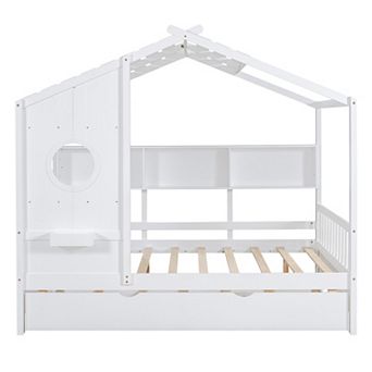 Pnronnc Kids House Bed with Pull-Out Trundle and Storage Shelves, Wooden Playhouse Bed with Roof