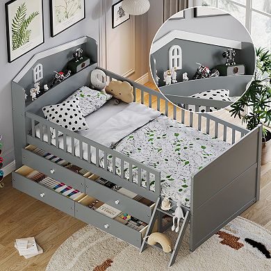 Pnronnc Twin Storage Bed Frame with 4 Drawers, Guardrail, House Headboard Shelf Step Ladder for Kids