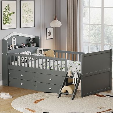 Pnronnc Twin Storage Bed Frame with 4 Drawers, Guardrail, House Headboard Shelf Step Ladder for Kids
