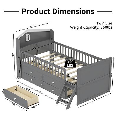 Pnronnc Twin Storage Bed Frame with 4 Drawers, Guardrail, House Headboard Shelf Step Ladder for Kids