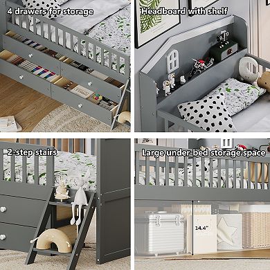 Pnronnc Twin Storage Bed Frame with 4 Drawers, Guardrail, House Headboard Shelf Step Ladder for Kids