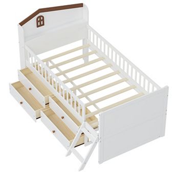 Pnronnc Twin Storage Bed Frame with 4 Drawers, Guardrail, House Headboard Shelf Step Ladder for Kids