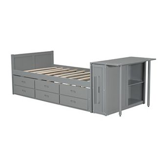 Pnronnc Twin Size Platform Bed with Desk, Trundle, 3 Drawers Storage Shelf, Wood Bed Frame for Kids