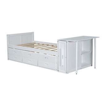 Pnronnc Twin Size Platform Bed with Desk, Trundle, 3 Drawers Storage Shelf, Wood Bed Frame for Kids