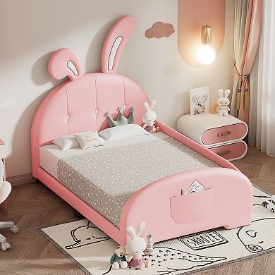 Pnronnc Twin Upholstered Rabbit Bed Princess Platform Bed Frame with Headboard & Footboard for Girls